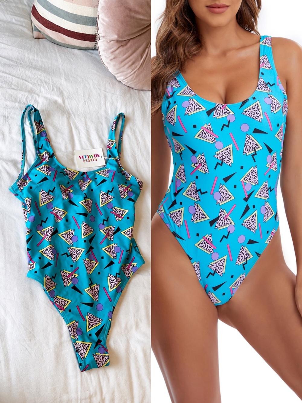 Miaulia One Piece Swimsuit Women Retro 80s Geometric Size S Teal Barbie